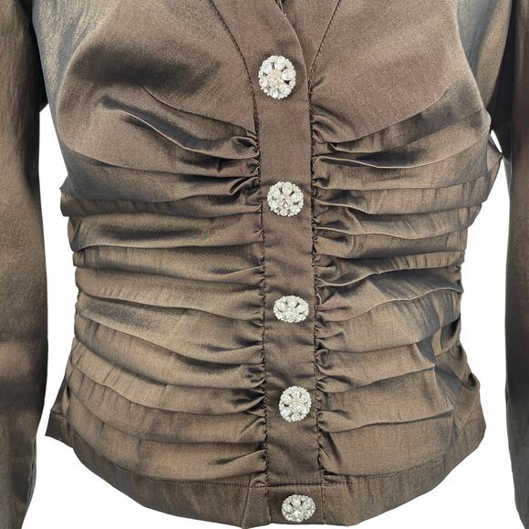 Tadashi Brown Taffeta Ruched Rhinestone Buttons Long Sleeve Formal Blouse 4 - Picture 4 of 11